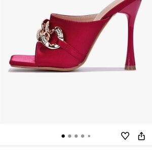 Elegant Red Satin High-Heel Mule with Gold Chain Accent